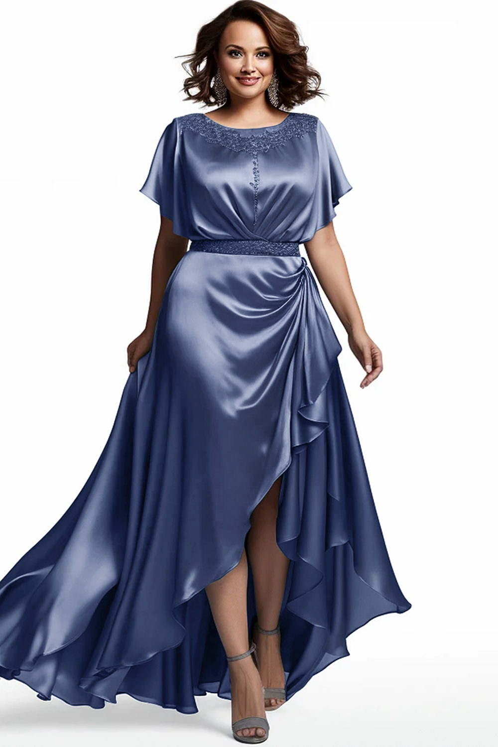 Flycurvy Plus Size Mother Of The Bride Haze Blue Satin Flutter Sleeve Irregular Hem Maxi Dress 2024 - Flycurvy 