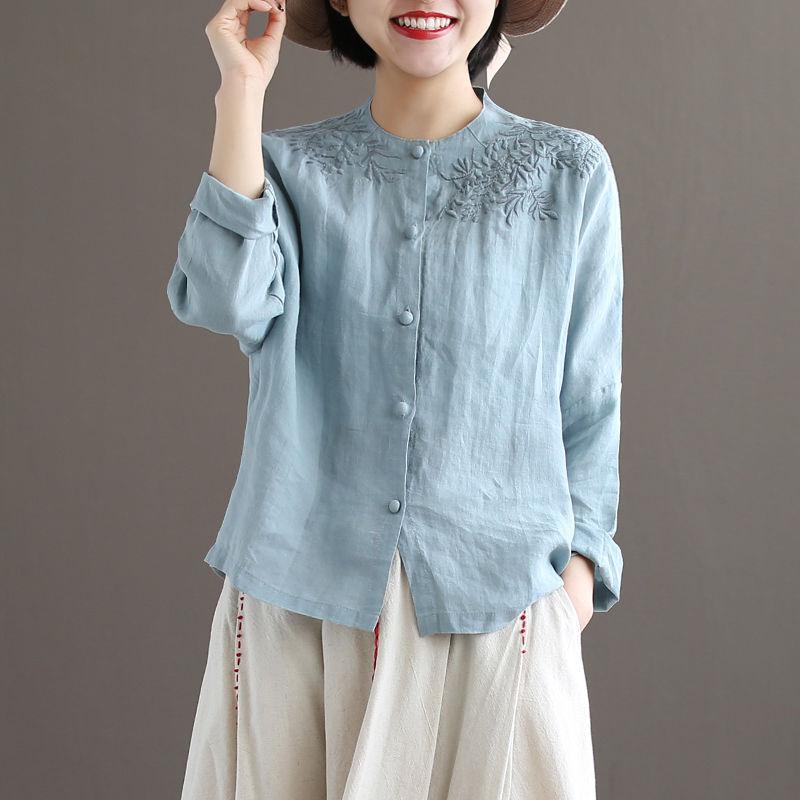 Women Long Sleeve O-neck Loose Vintage Embroidery Cotton Linen Shirts