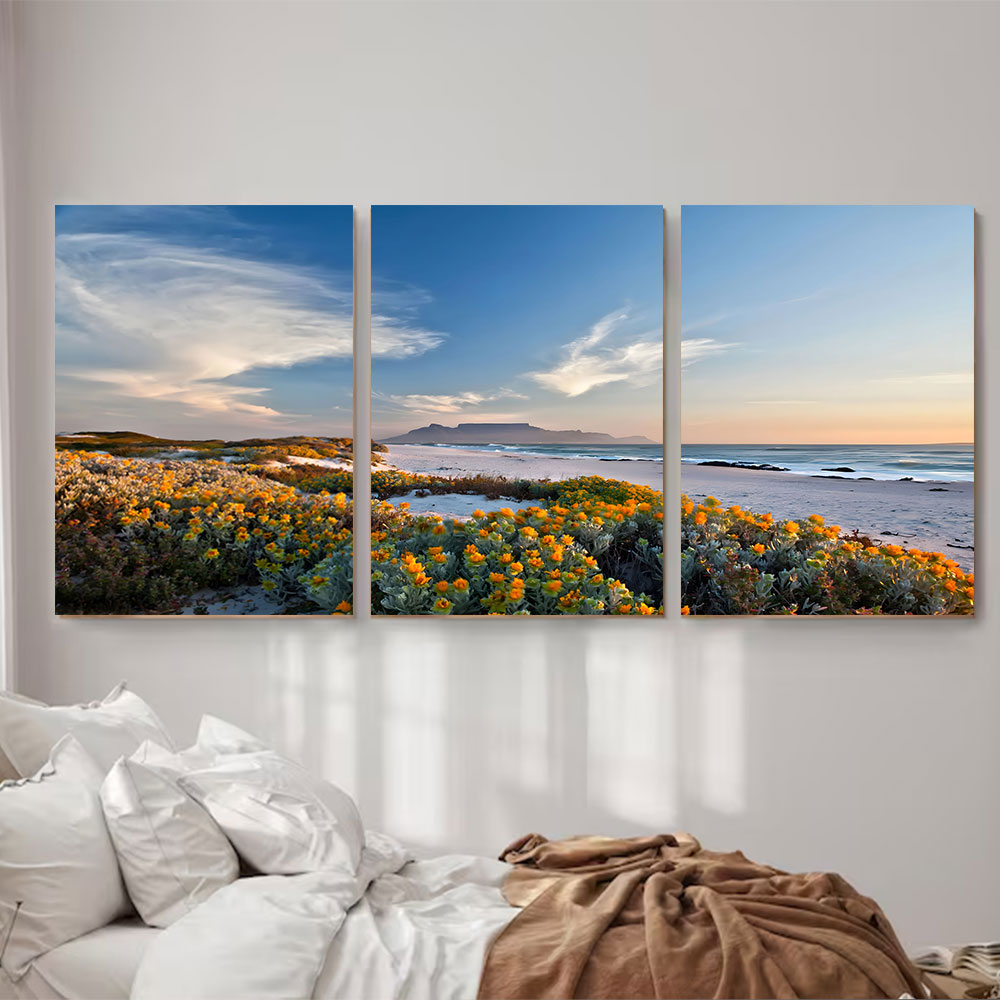 3-Piece Set Coastal Flowers at Golden Hour Sunset Canvas Art