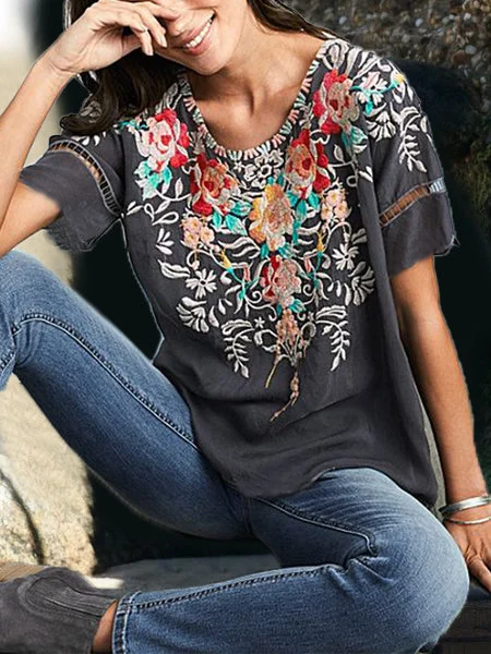 Round Neck Floral Casual Shirts & Tops - VSMEE