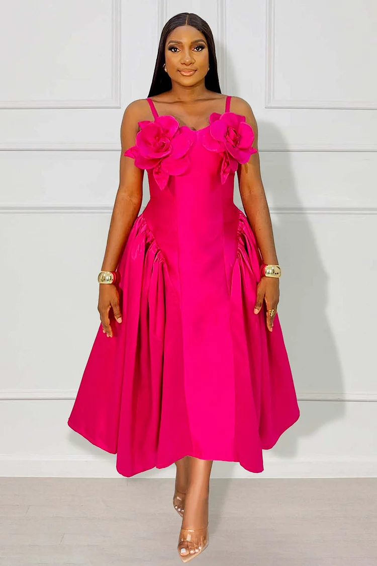 3D Flower Decor Basque Waist Party Cami Midi Dresses-Fuchsia [Pre Order]