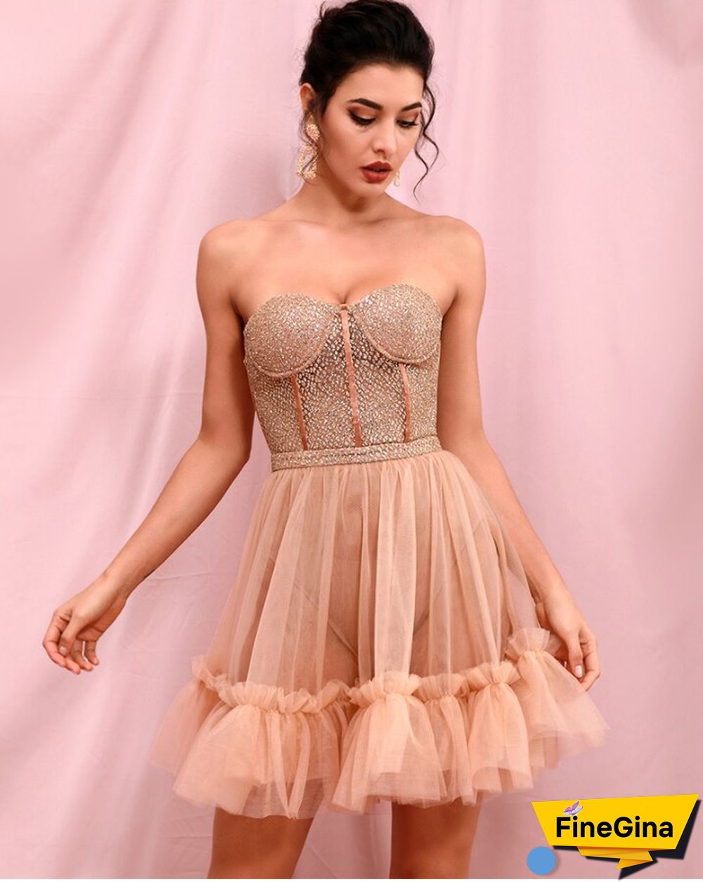 Black Sexy Tube Top Perspective Mesh Fluffy Shape Glitter Glued Party Mini Dress LM82353