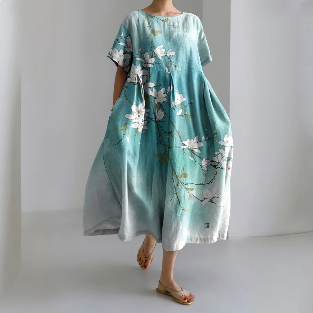 Vintage Floral Japanese Art Print Linen Maxi Dress