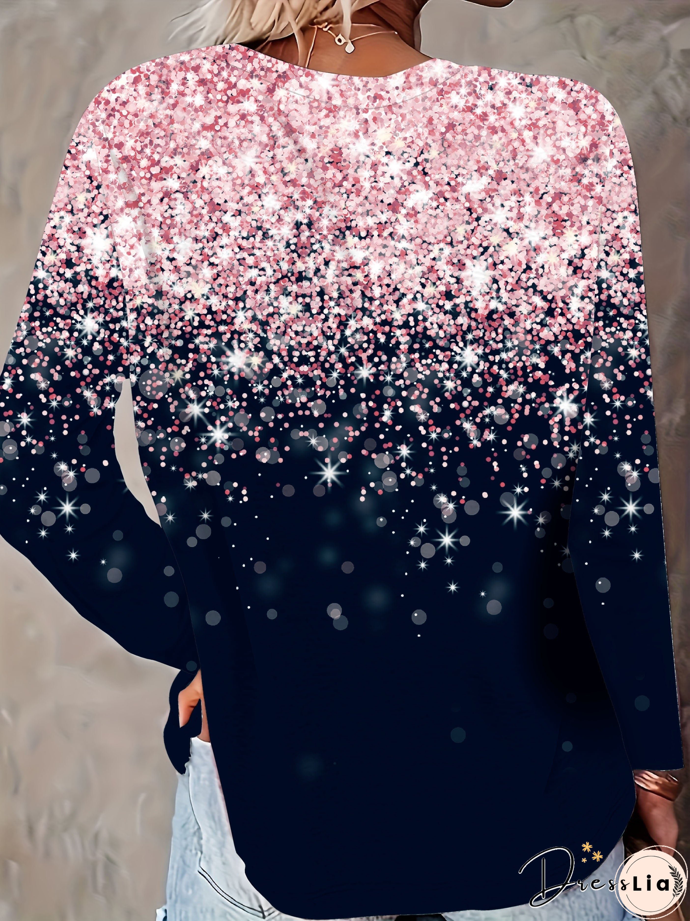 Sequin Print Gradient Crew Neck T-Shirt, Casual Long Sleeve Top For Spring & Fall, Women's Clothing