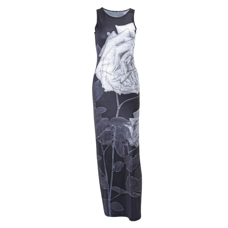 Brownm Brownm Summer New Retro Street Trend Print Color Round Collar High Waist Slim Dress