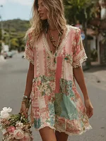 Women's Vintage Floral Patchwork Art Pattern Short Sleeve Mini Dress