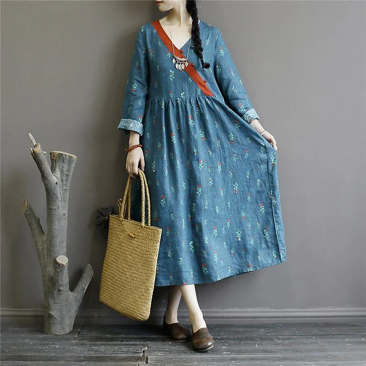 Women v neck linen patchwork clothes Runway blue floral Dress