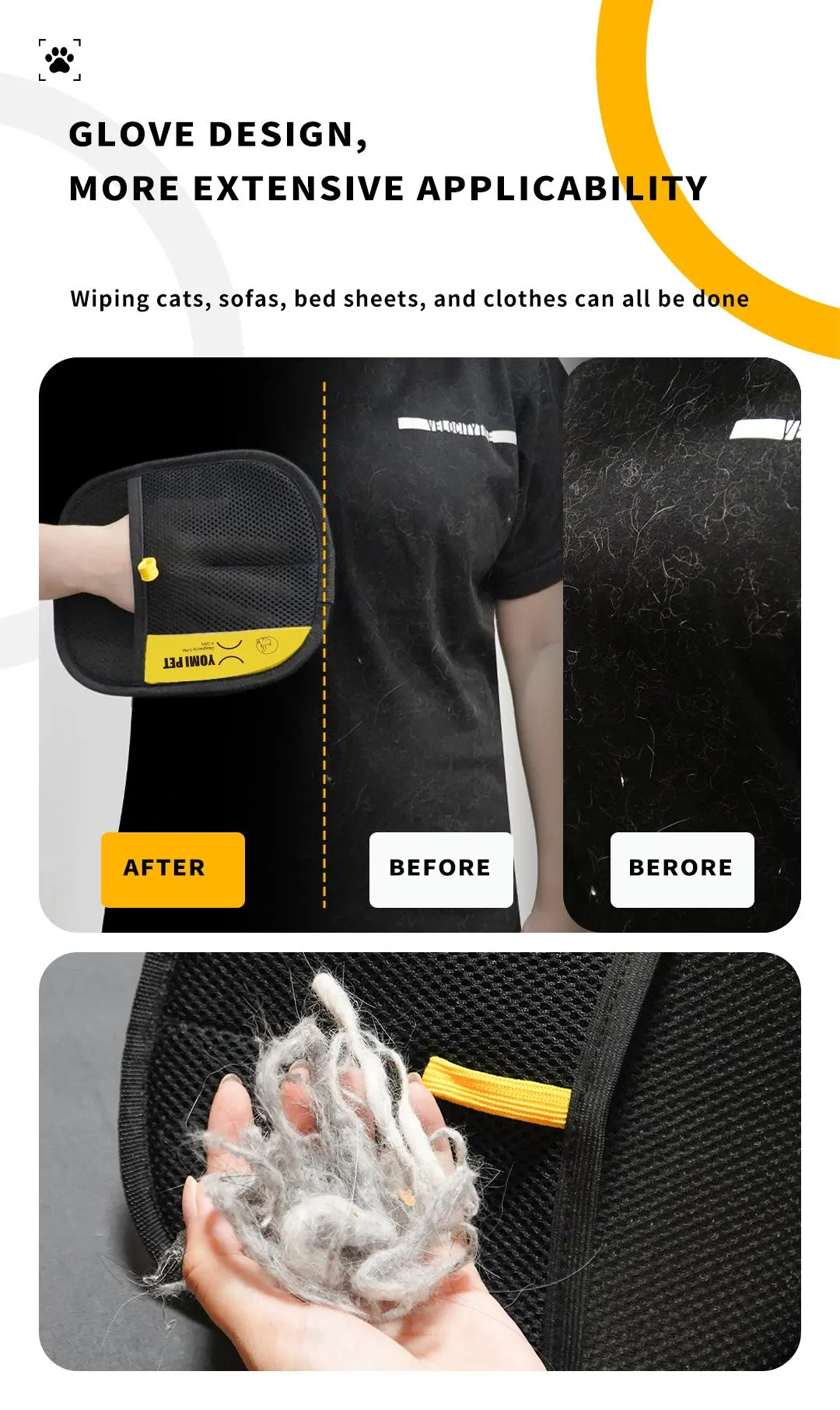 YOMI PET hair remover Electrostatic gloves Two-way brush sticky hair remover Cat hair dog hair glover Grooming   Removal   Cleaning