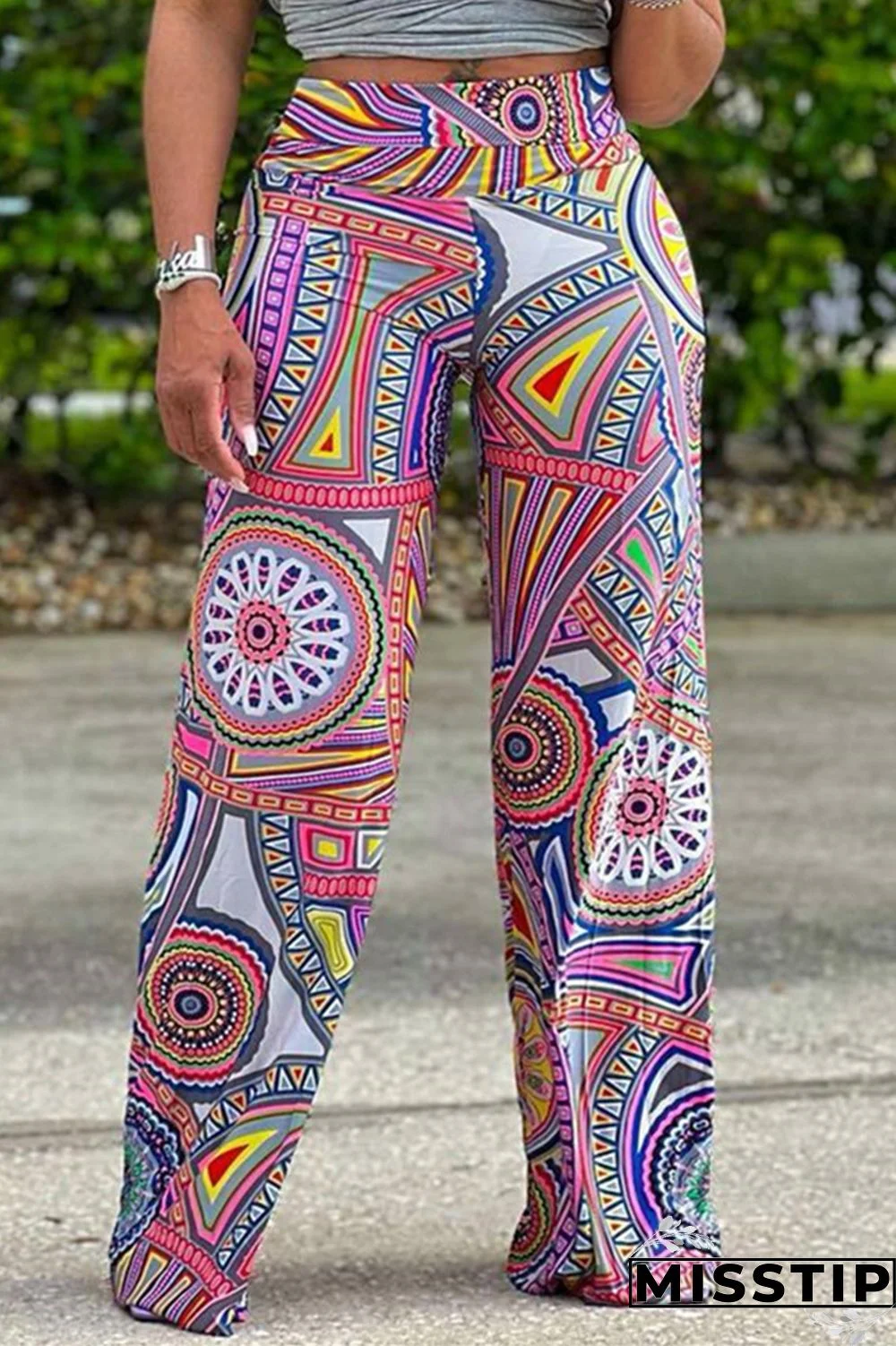 Blue Fashion Casual Print Basic Regular High Waist Trousers