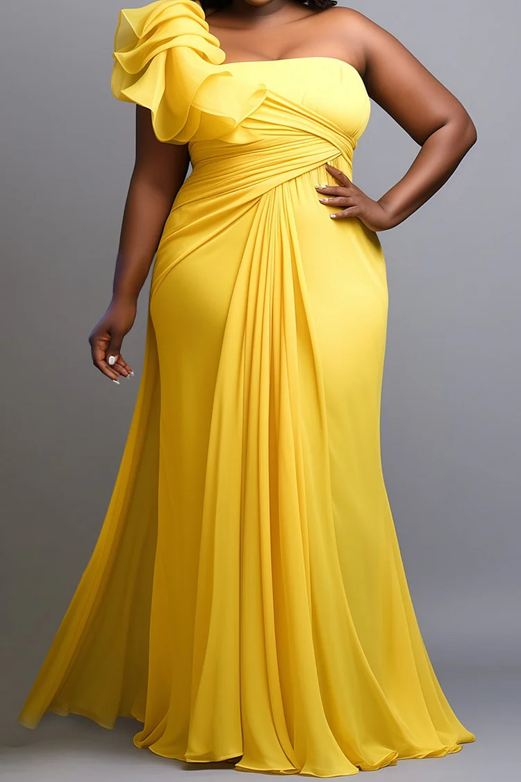 Xpluswear Design Plus Size Formal Yellow Asymmetrical Collar Waistcoat Ruffled Fold Chiffon Maxi Dresses Xpluswear