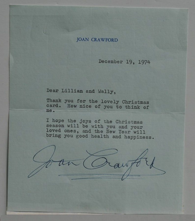 JOAN CRAWFORD SIGNED Letter Dec. 1974, Mommie Dearest wcoa