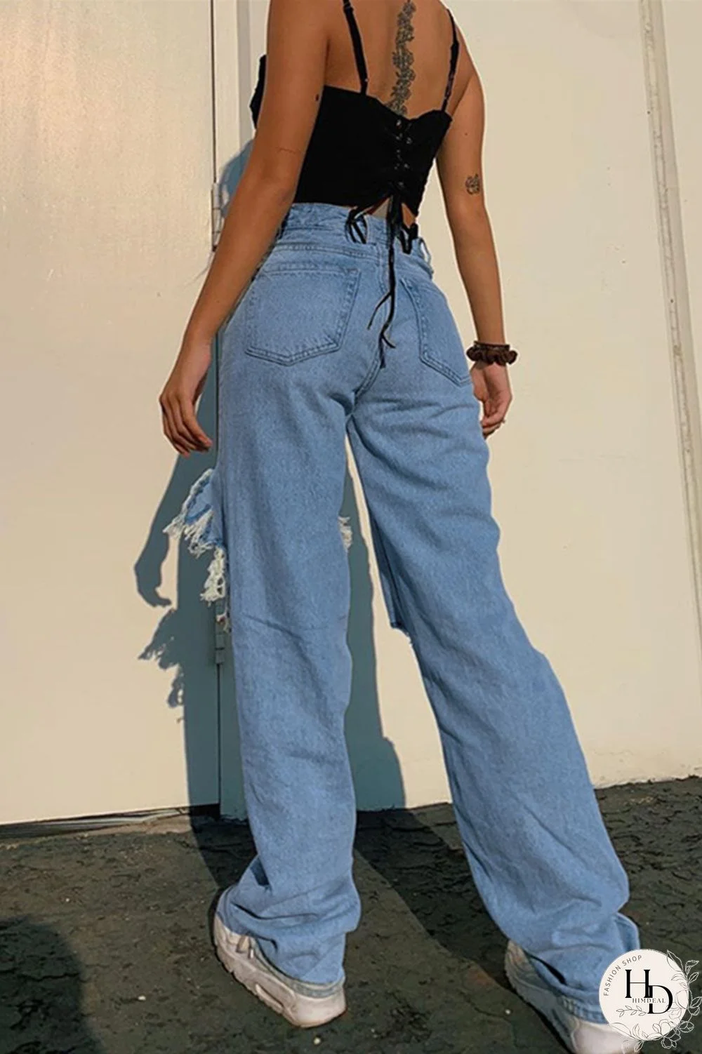 Blue Fashion Casual Solid Ripped High Waist Regular Jeans