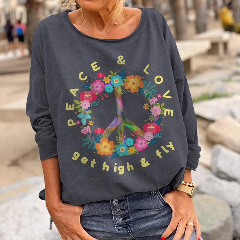 Peace And Love Get High And Fly Floral Printed T-shirt