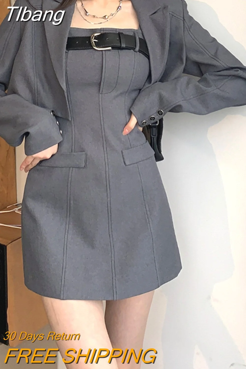 Tlbang Style Two Piece Dress Set Women Elegant Blazer Coat + Strap Dress Set Female Casual France Vintage Dress Suit Spring 2023