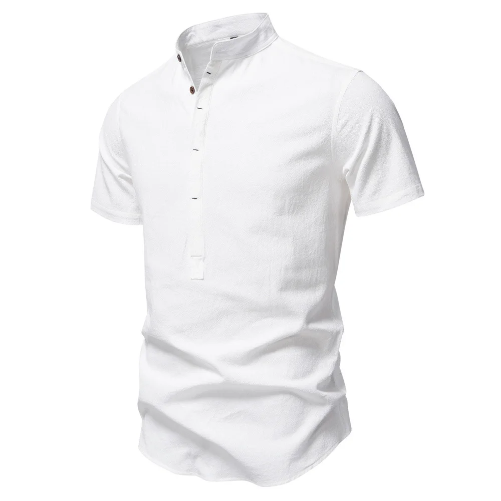 Men's 2025 Business Casual Shirt Short-sleeved Cotton Linen Shirt Stand-up Collar Cotton Shirt