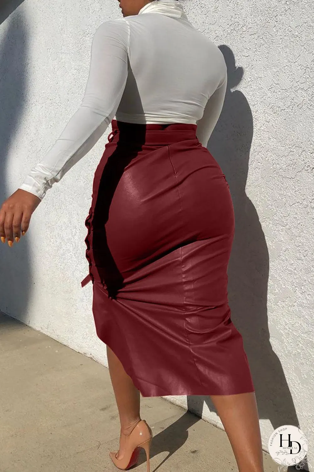 Brown Drawstring sleeveless high patchwork solid bandage split a-line skirt capri pants
