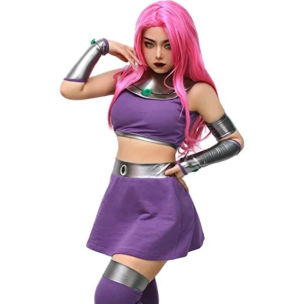 C-ZOFEK US Size Princess Koriand'r Cosplay Costume Purple Outfit with Stockings (Small)