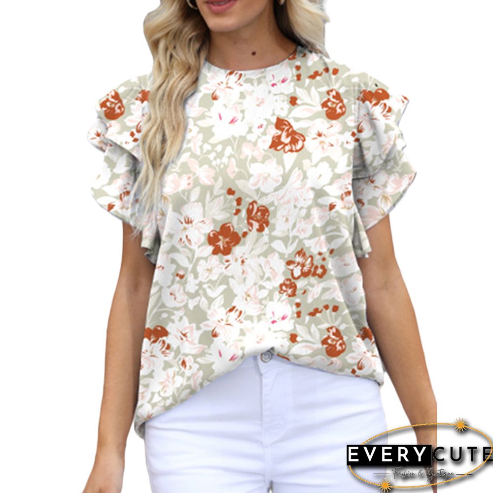 Pea Green Ruffle Sleeve Chiffon Floral Pullover Tops