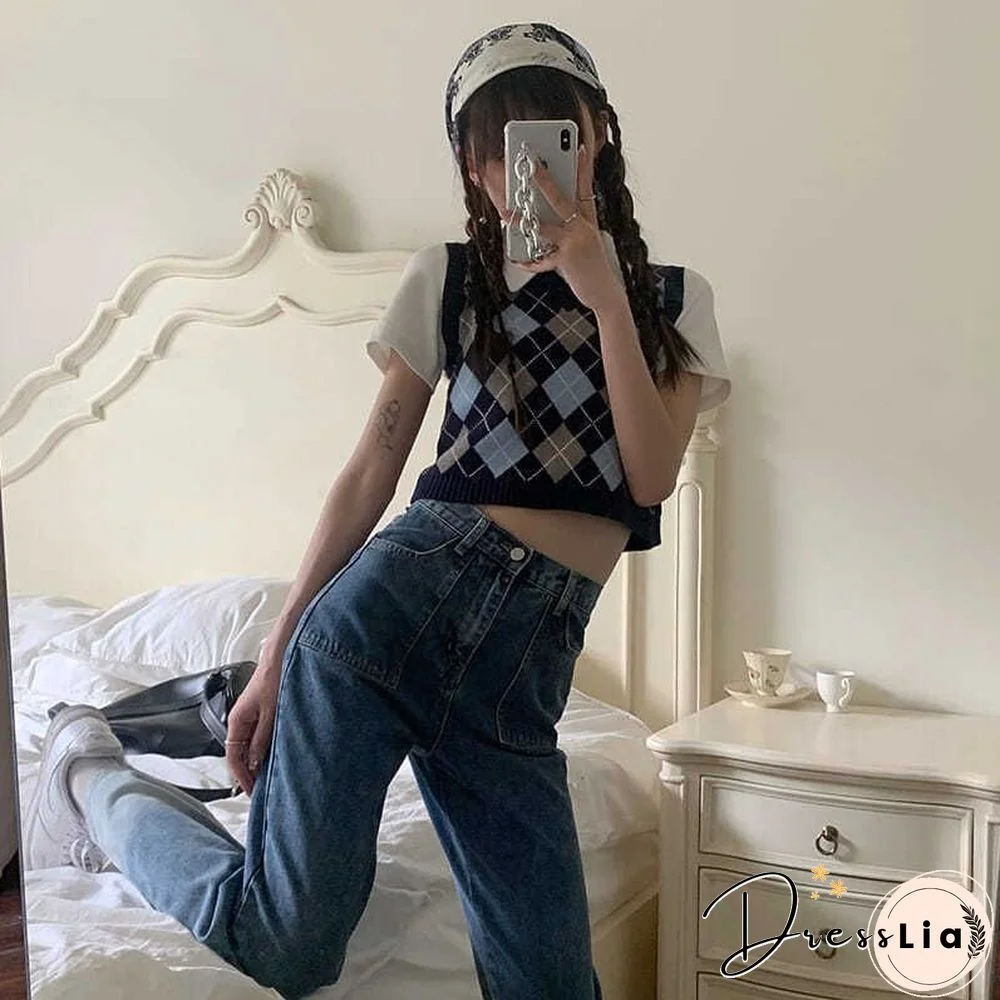 Checkered Cropped Knitted Tank Argyle Sleeveless Jumper