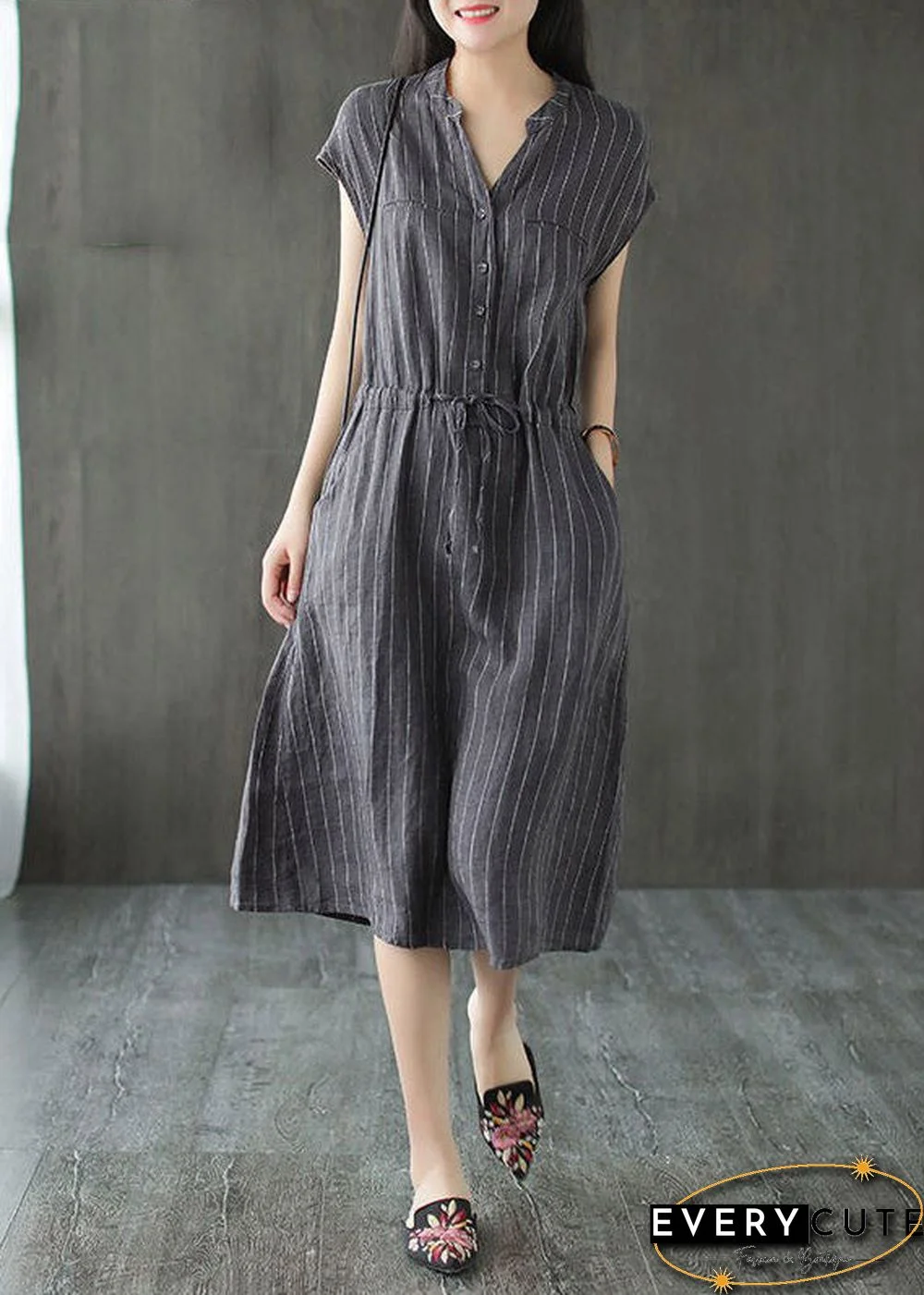 Slim Fit Grey V Neck Button drawstring Striped Linen Dresses Short Sleeve