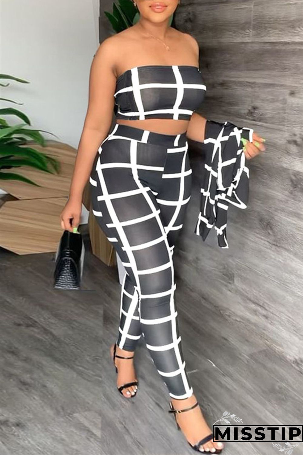 Black Casual Print Patchwork Turndown Collar Long Sleeve Three-piece Set