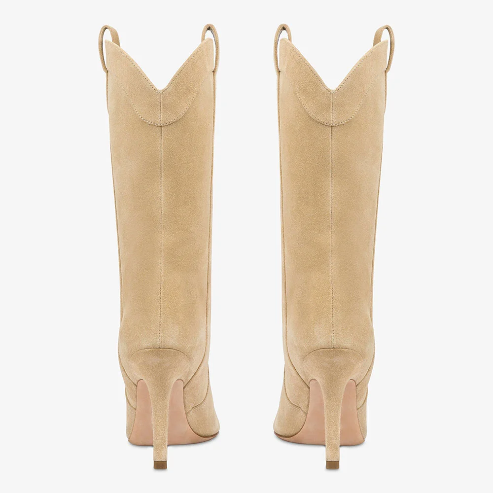 Khaki Vegan Suede Pointed Toe Stiletto Heel Western Boots for Women