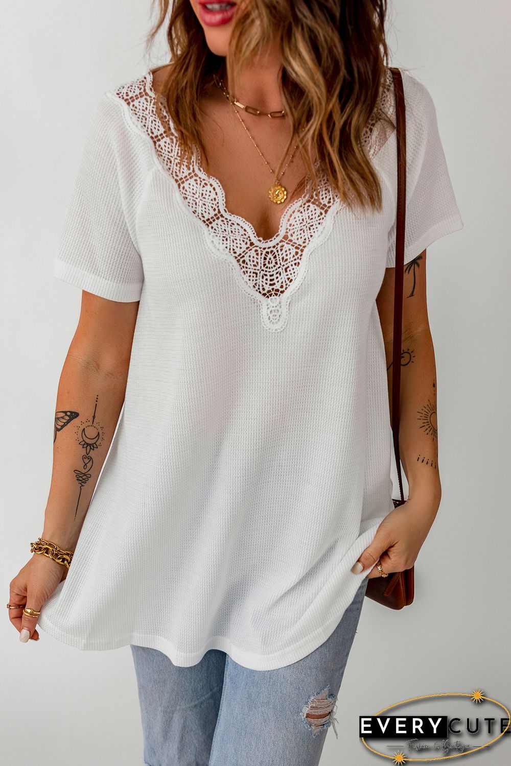 White Lace Crochet Waffle Knit Ruffled V Neck Top