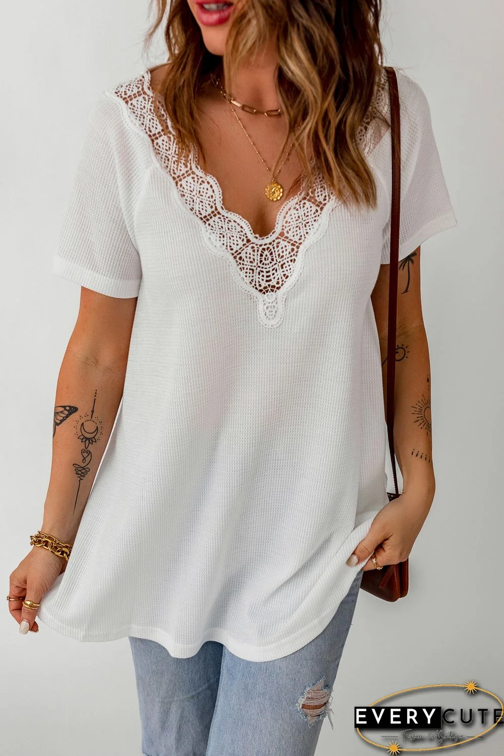 White Lace Crochet Waffle Knit Ruffled V Neck Top
