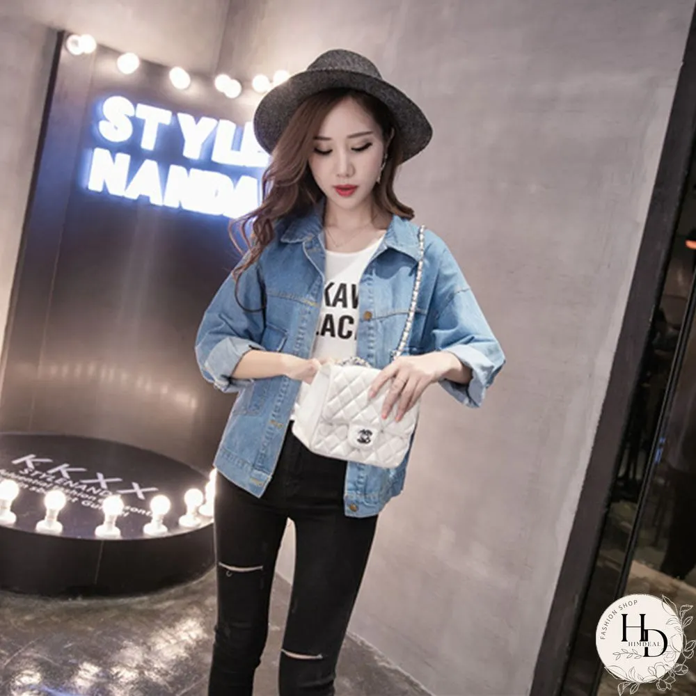 Spring Autumn Korean Style Denim Jacket Women Turn-Down Collar Long Sleeve Button Tops