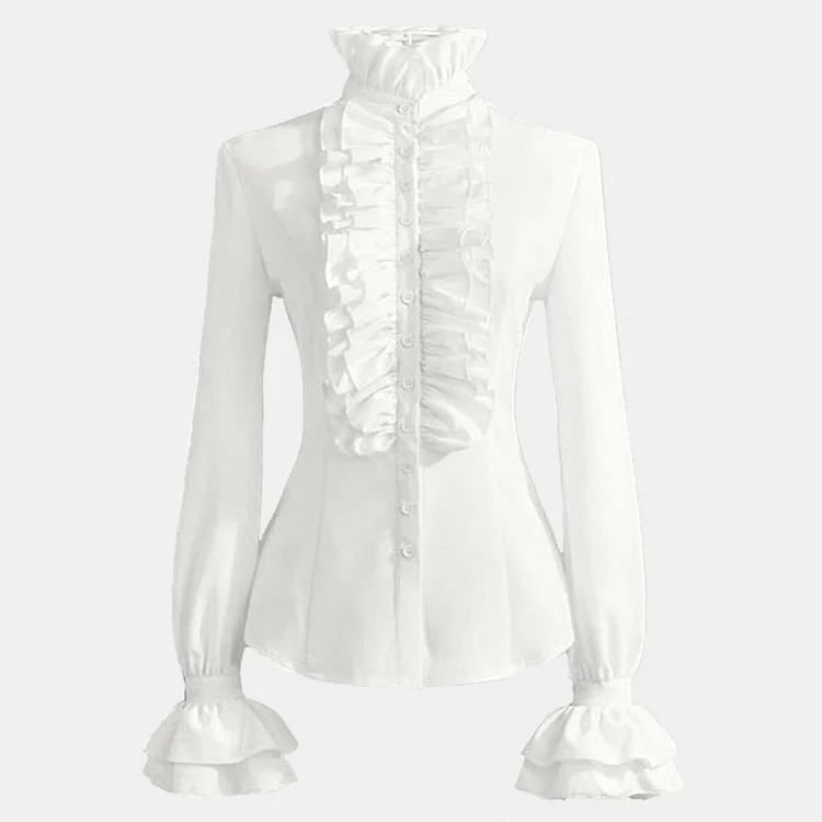 Vintage Linen Ruffle Stand Collar Long Sleeve Blouse