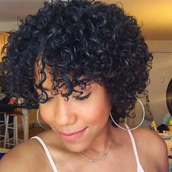 Short Curly Lace Wigs Full Kinky Curly Afro Hair Wig with Bangs