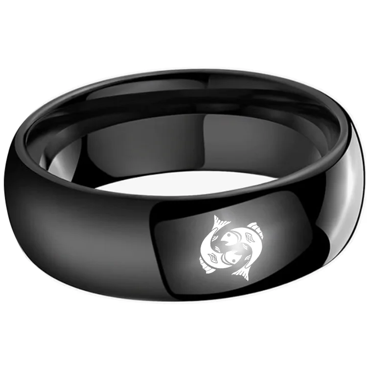 4MM 6MM 8MM Black Pisces Tungsten Carbide Rings Prints Laser Design Domed Top Tungsten Wedding Band