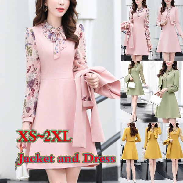 Women Office Wear Long Dress Suits Pink Yellow Green Dresses Suit 2 Pieces Set Outfit Clothes Womens Short Jacket And Dress - Shop Trendy Women's Fashion | TeeYours