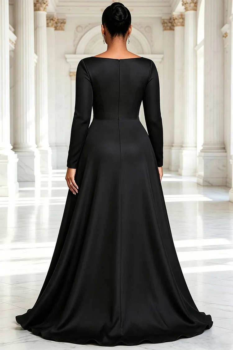 black plus size formal dress Xpluswear Design Chiffon Round Neck Long Sleeve With Skirt Overlay Drilling Satin Maxi Dresses [Pre-Order] Make a statement at Flapper Accessories A Line Flapper Dress Size:Large Serves 20