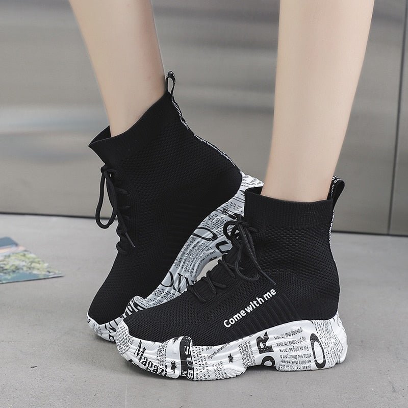 Lucyever Fashion Letter Graffiti High Platform Ankle Boots for Women Hidden Heels Knitted Casual Shoes Woman Slip on Botas Mujer
