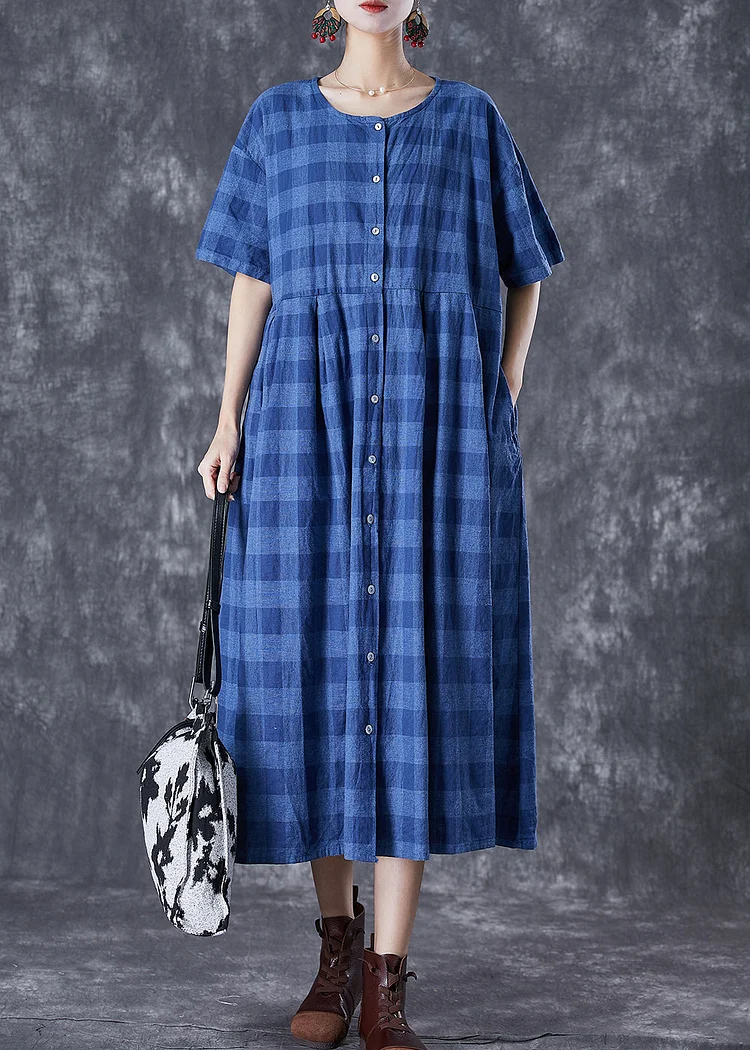 French Blue Plaid Button Down Linen Long Dresses Summer