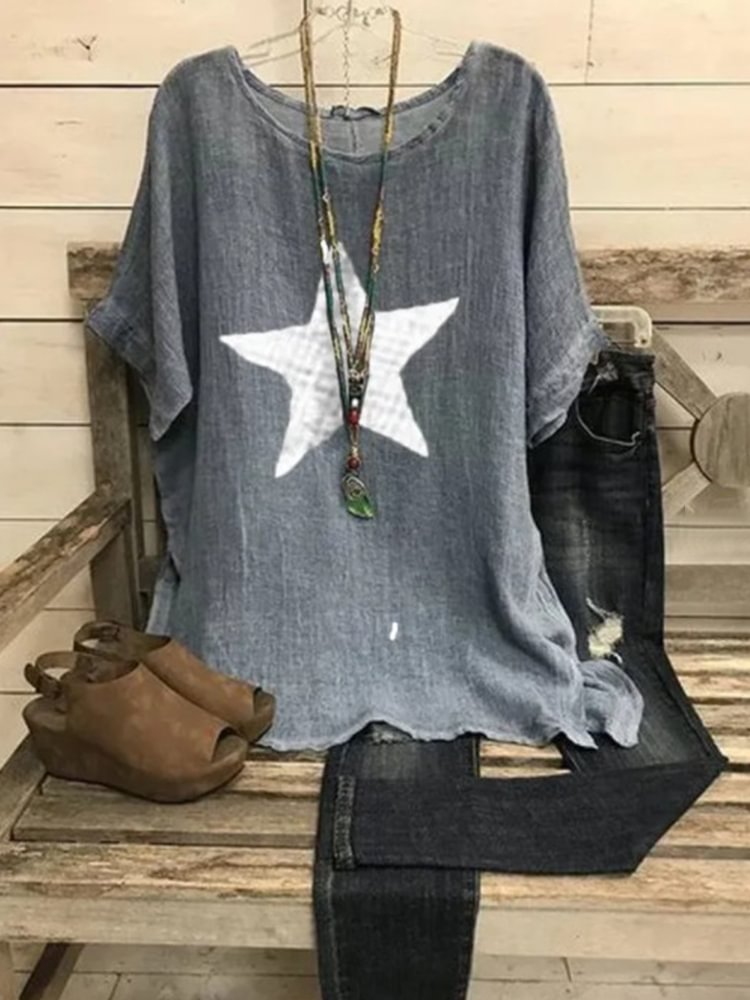 Five Pointed Star Printed Short Sleeve Round Neck T Shirt P181436394