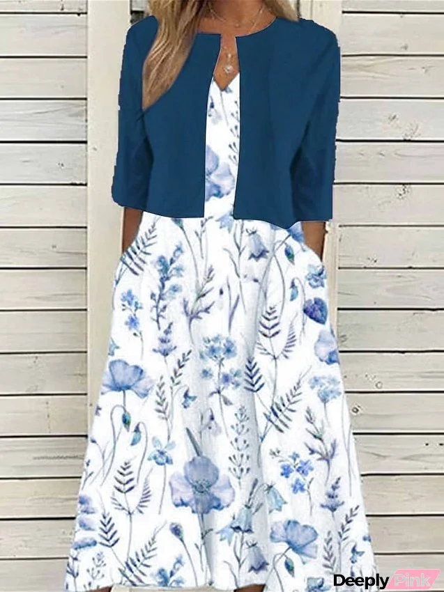 Women's Two Piece Dress Set Casual Dress Print Dress Outdoor Daily Fashion Elegant Pocket Print Midi Dress V Neck Half Sleeve Floral Regular Fit Pink Blue Summer Spring S M L XL XXL