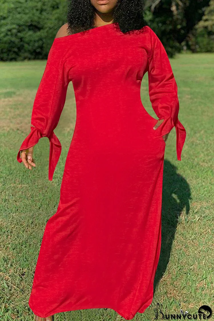 Red Fashion Casual Solid Bandage O Neck Long Sleeve Dresses