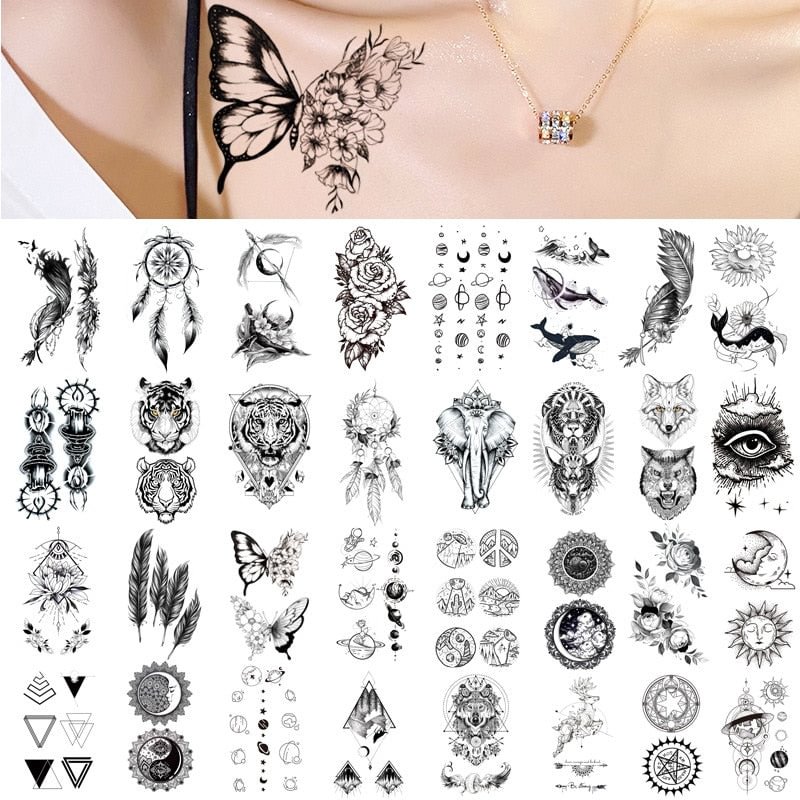 Waterproof Temporary Tattoo Stickers Butterfly Tiger Feather  Design Tattoo Children Black Body Art Fake Tattoos for Men Women