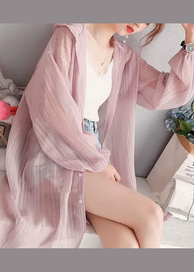 Pink Button Silk Casual Cardigan Long Sleeve CK2881- Fabulory