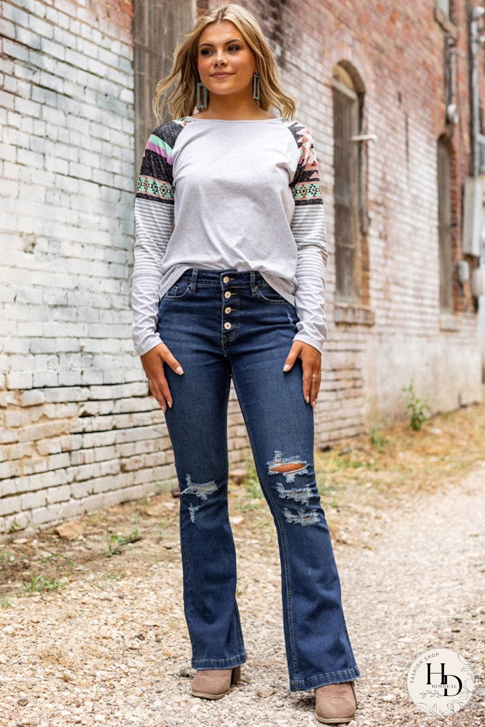 Distressed Dark Wash Flare Jeans with Wild West Graphic