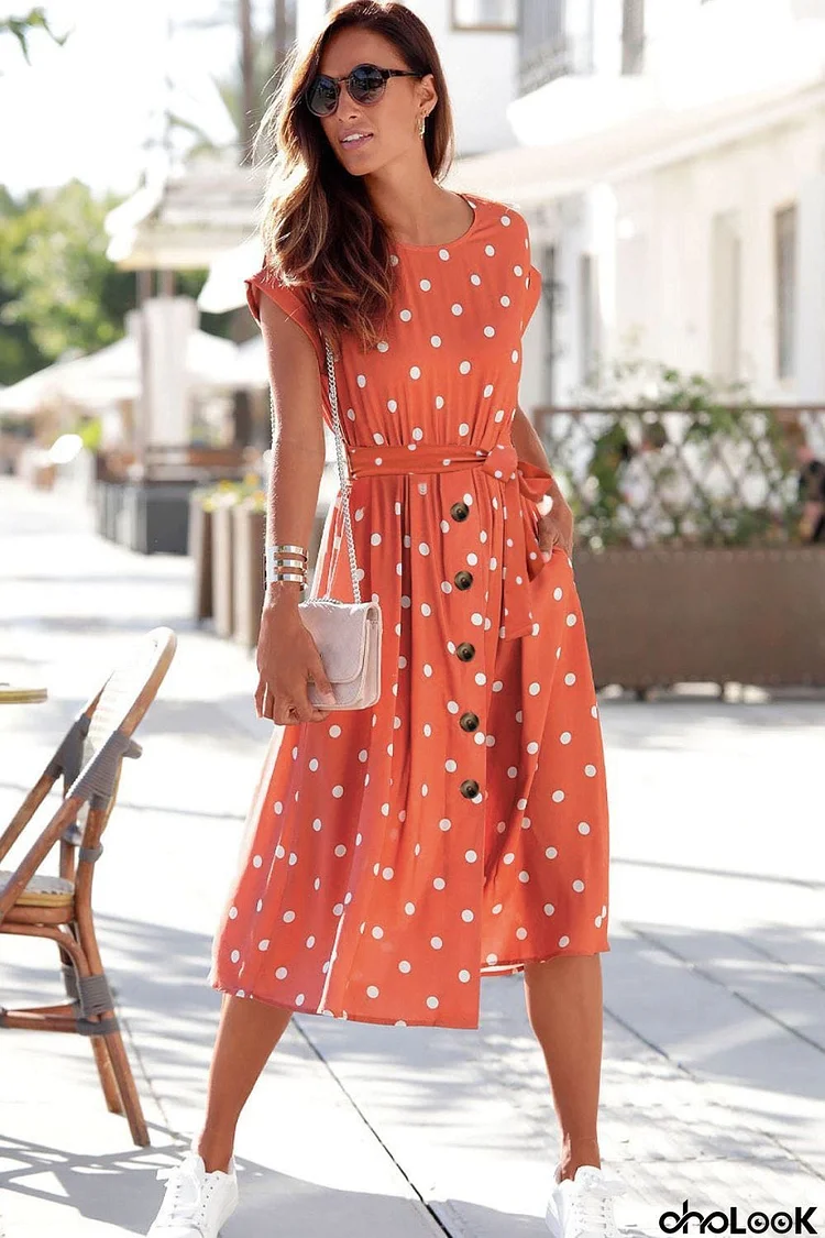 Polka Dot Round Neck Dress with Pockets