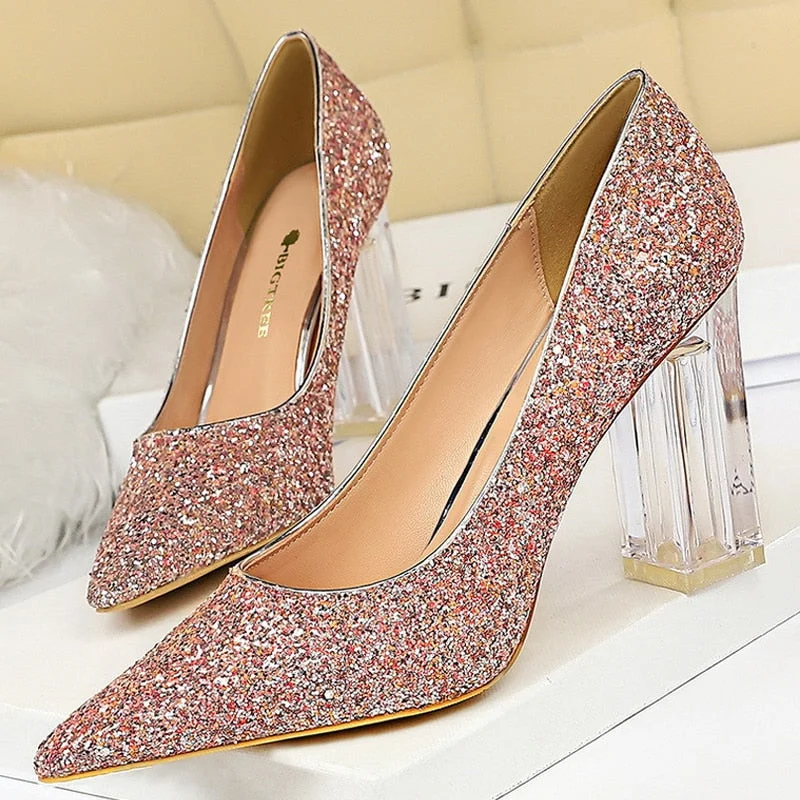 BIGTREE Shoes Transparent Heels Women Pumps Sequins Wedding Shoes Square Heels Women Shoes Crystal Heel Sexy Heeled Shoes 2021