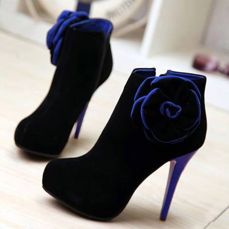 GOOSHOE Navy Floral Suede Platform High Heel Stiletto Boots