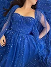 Dark Cobalt Royal Blue Sparkling Gold Stars Prom Dress Draped Corset Bodice Starry Pattern Tulle Cape Robe Wedding Guest With Pockets