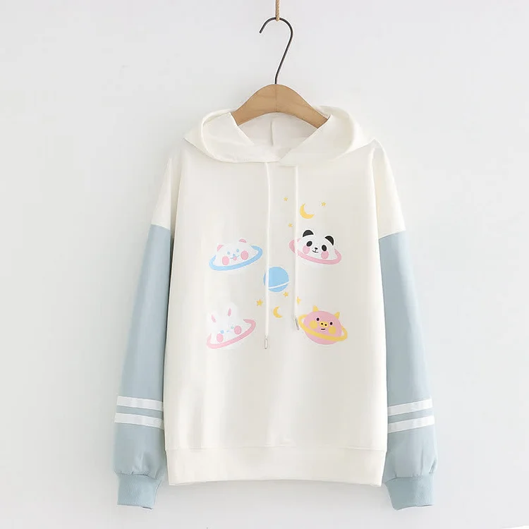 Cartoon Animals Planet Print Colorblock Sleeve Hoodie - Modakawa modakawa
