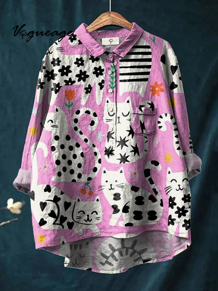Cute Hand Drawn Cartoon Cat Print Cotton And Linen Shirt