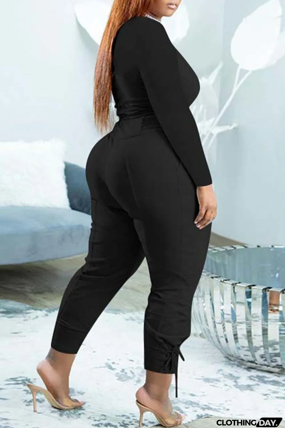 Black Casual Solid Bandage Patchwork V Neck Long Sleeve Two Pieces