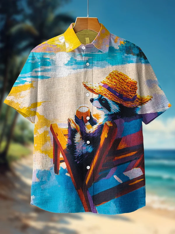 Men's Raccoon Sunbathing On Beach Vacation Art Print Casual Shirt